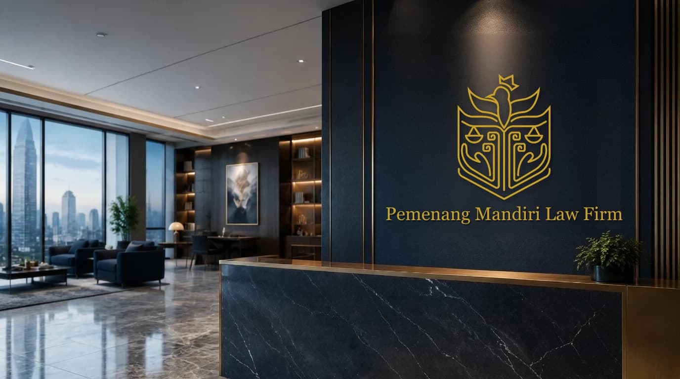 Lobby resepsionis kantor Pemenang Mandiri Law Firm dengan logo PML emas di dinding