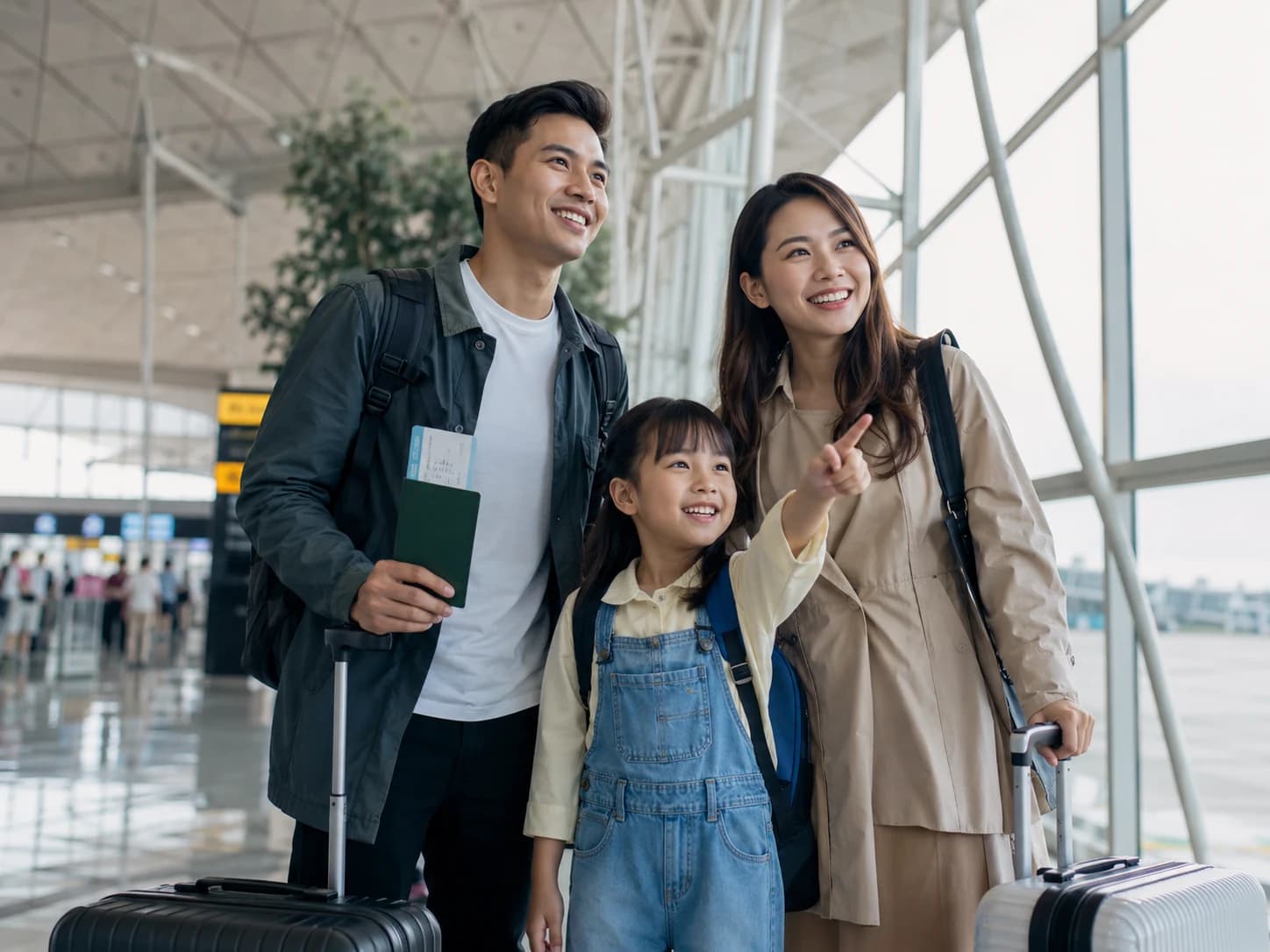 Keluarga Asia membawa koper di bandara untuk konsultasi Travel Insurance perjalanan domestik dan internasional